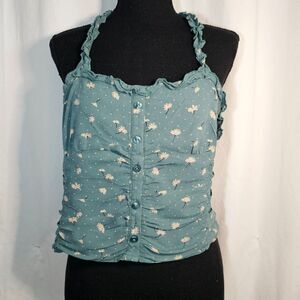 American Eagle Green Floral Crop Top Halter Pull On Shirt sz L